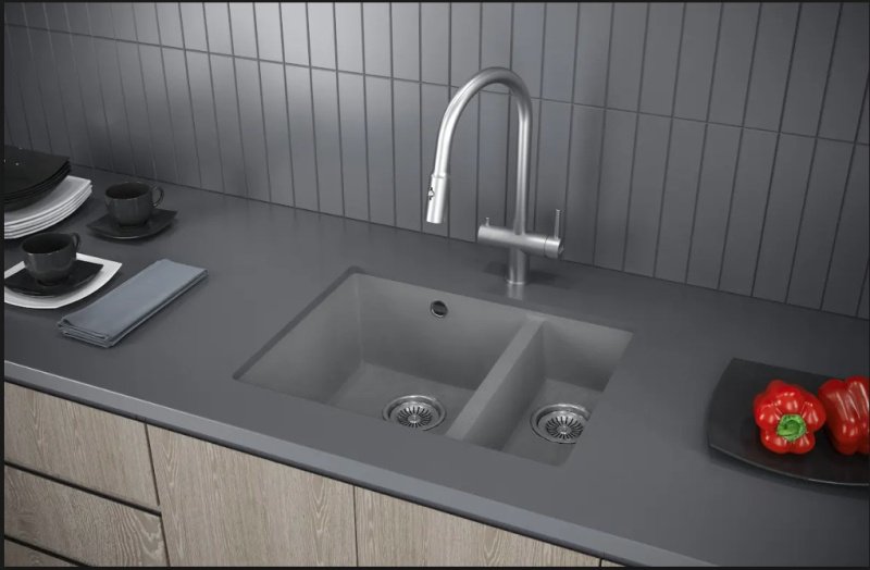 Кухонная мойка KuchenStern UNDER 60-2 Ku-Granit черный 102BL10 (KS-800114) подстольная 55.5х46х19 см, искусственный гранит, тон черный купить,0