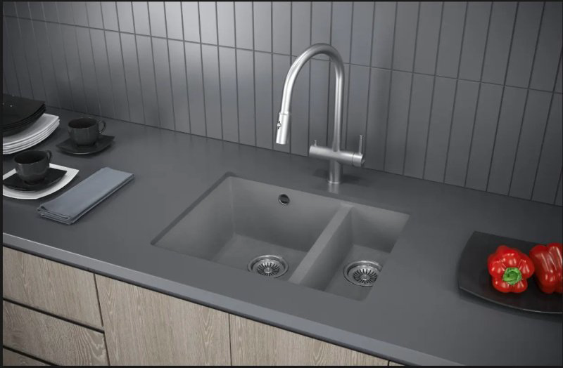 Кухонная мойка KuchenStern UNDER 60-2 Ku-Granit черный 102BL10 (KS-800114) подстольная 55.5х46х19 см, искусственный гранит, тон черный купить,117306