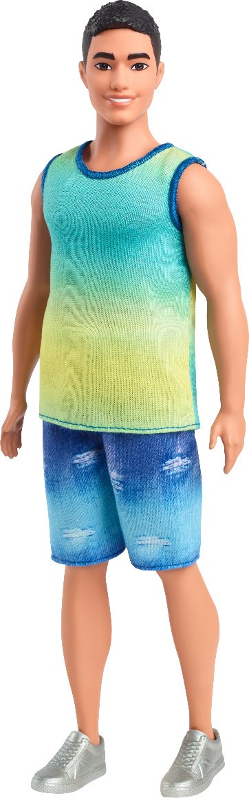 Кукла-модель Barbie Кен с чёрными волосами в майке цвета омбре 29 см купить,0