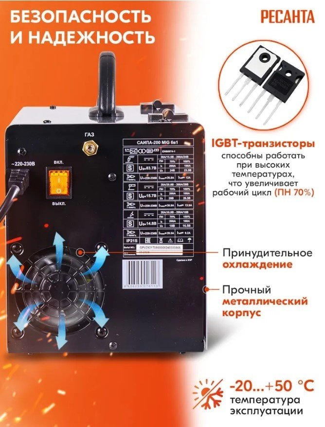 Сварочный полуавтомат Ресанта САИПА-24В/200А (MIG/MAG) купить,0