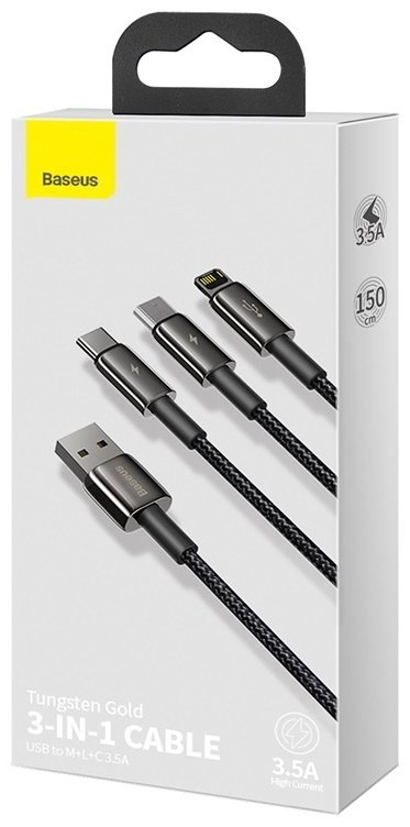 Кабель Baseus USB TypeC (M), micro-USB 2.0 (M), Lightning (M), 1.5 м, черный купить,NaN