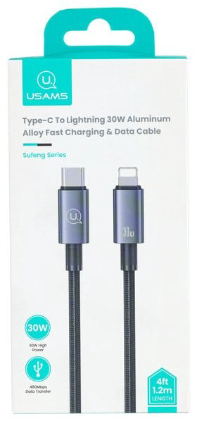 Кабель Usams USB TypeC (M), Lightning (M), 1.2 м, черный купить,NaN