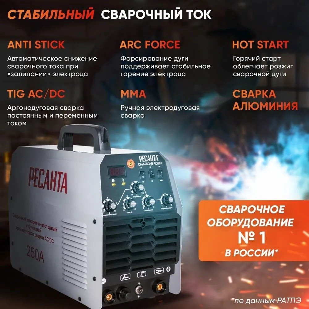 Ресанта сварочный инвертор САИ-250АД AC/DC (TIG, MMA) купить,NaN