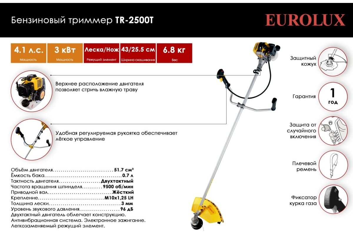 Триммер бензиновый Eurolux TR-2500T, леска и нож купить,0