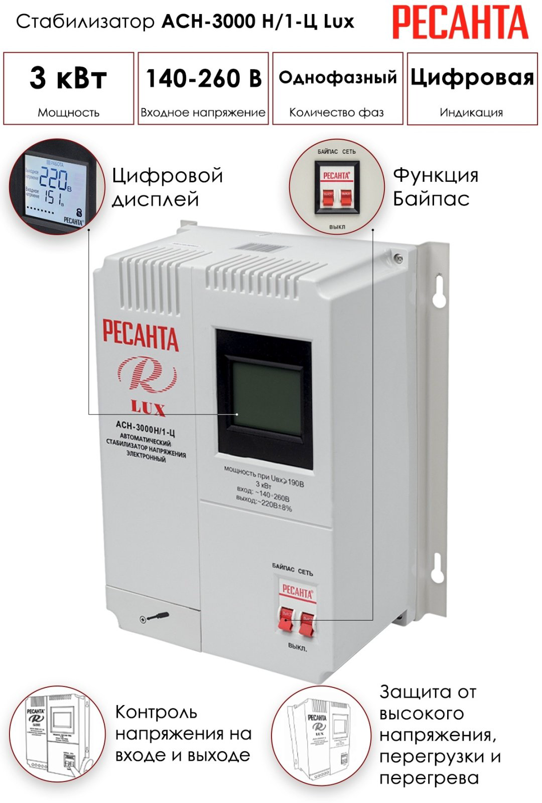 Стабилизатор напряжения Ресанта LUX АСН-3000Н/1-Ц - ForteMarket Стабилизатор напряжения Ресанта LUX АСН-3000Н/1-Ц купить,60390