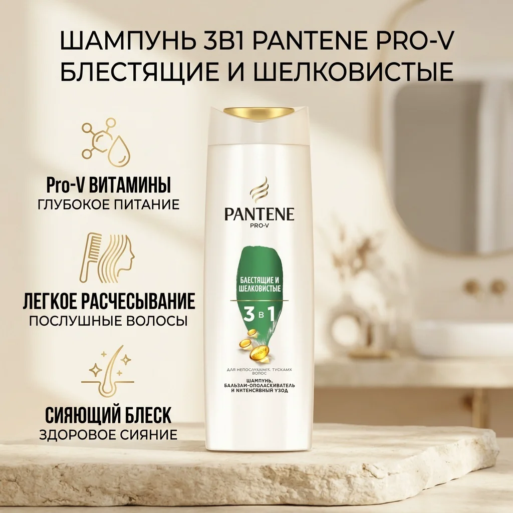 Шампунь Pantene 3в1 блестящие и шелковистые 360 мл купить,NaN