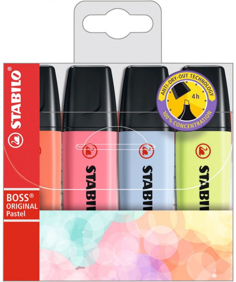 Маркер STABILO Boss Pastel, 4 шт, 2 мм, мультиколор