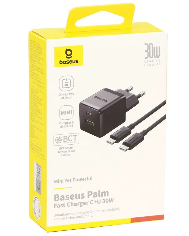 Зарядное устройство Baseus Palm C+U 30W + кабель USB Type-C Cluster Black купить,NaN