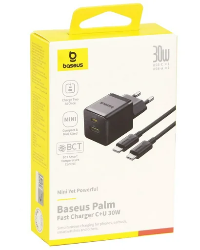 Зарядное устройство Baseus Palm C+U 30W + кабель USB Type-C Cluster Black