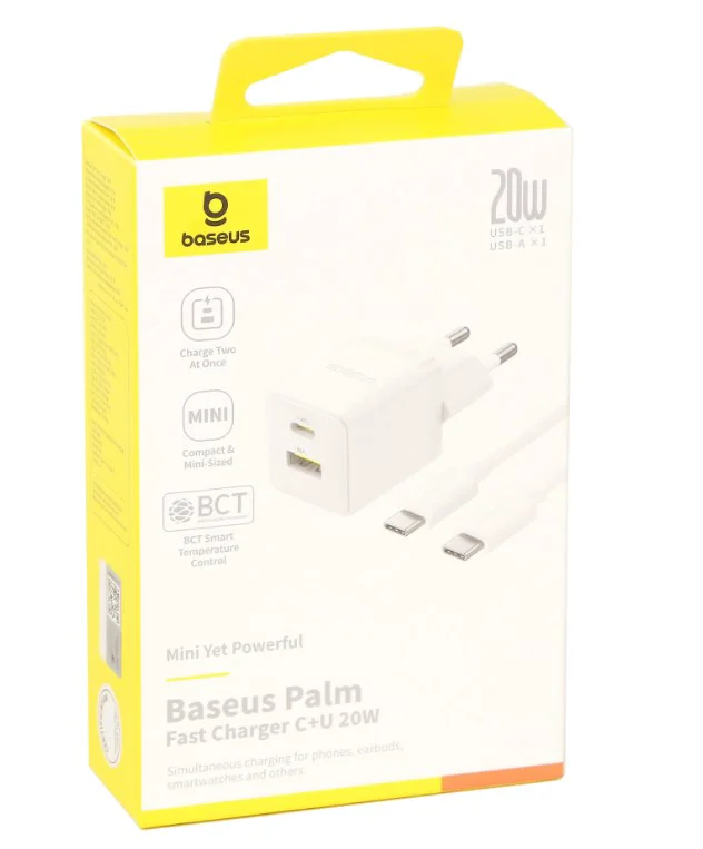 Зарядное устройство Baseus Palm C+U 20W + кабель USB Type-C Moon White купить,NaN