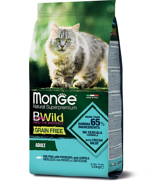 Сухой корм Monge Bwild Grain Free с треской чечевицей и картофелем 1.5кг купить,NaN