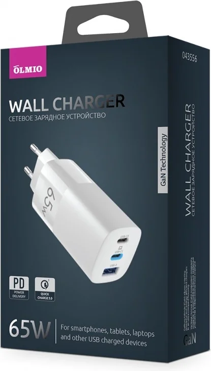 Зарядное устройство Olmio СЗУ 65Ws PowerDelivery белое купить,0