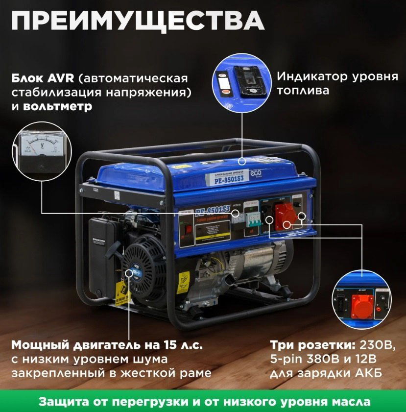 Электростанция бензиновая ECO 6 кВт 3 (380/220 В), PE-8501S3 купить,NaN