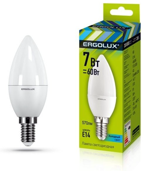 Ergolux 7W Е14, светодиодная, холодный белый купить,NaN