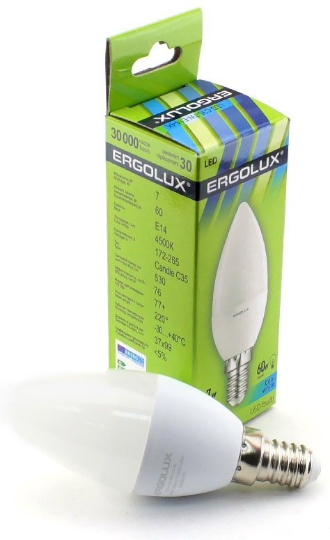 Ergolux 7W Е14, светодиодная, холодный белый купить,0