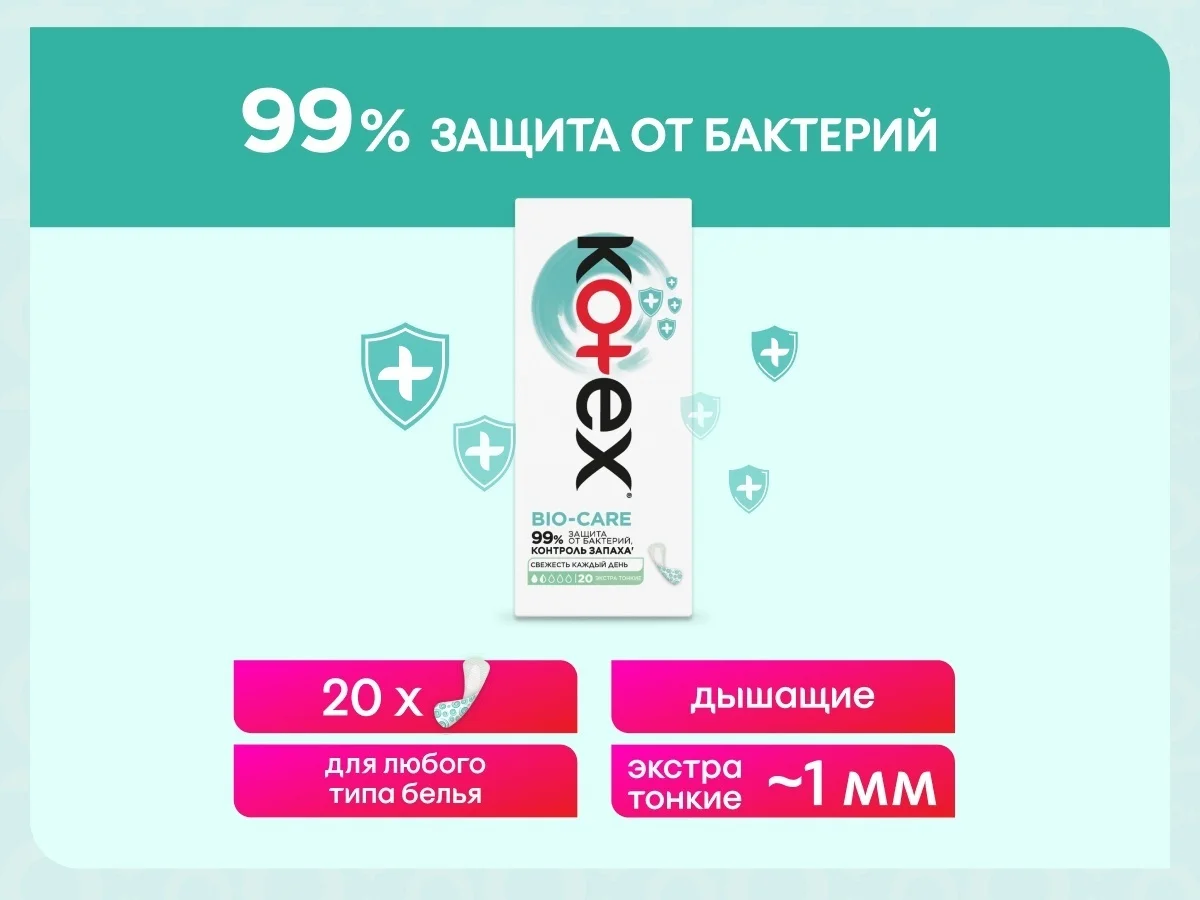 Прокладки ежедневные Kotex Bio-Care защита от бактерий 20 шт купить,NaN