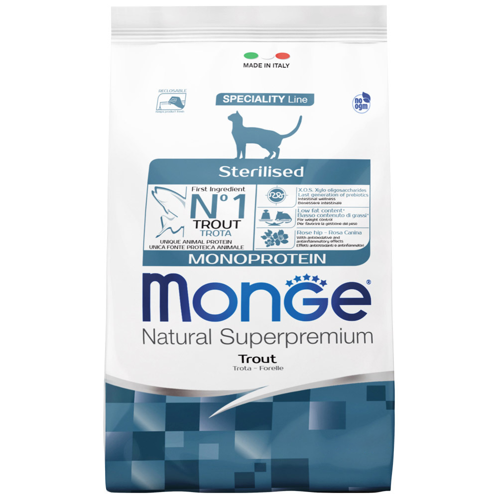 Сухой корм Monge Natural Superpremium Monoprotein Sterilised с форелью 1.5кг купить,NaN