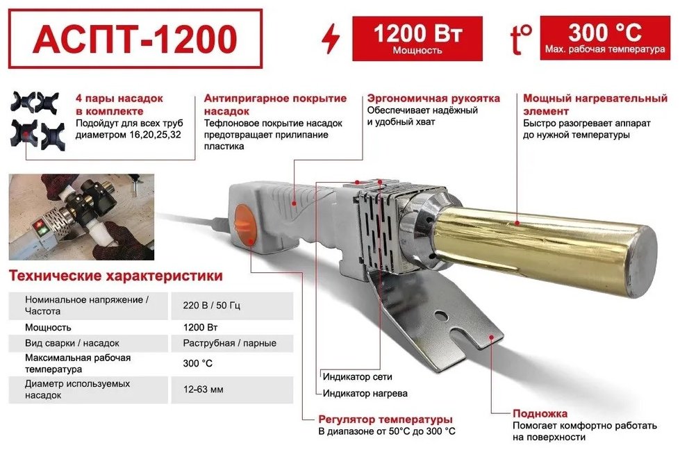Аппарат для сварки пластиковых труб Ресанта раструбный АСПТ-1200 1200 Вт