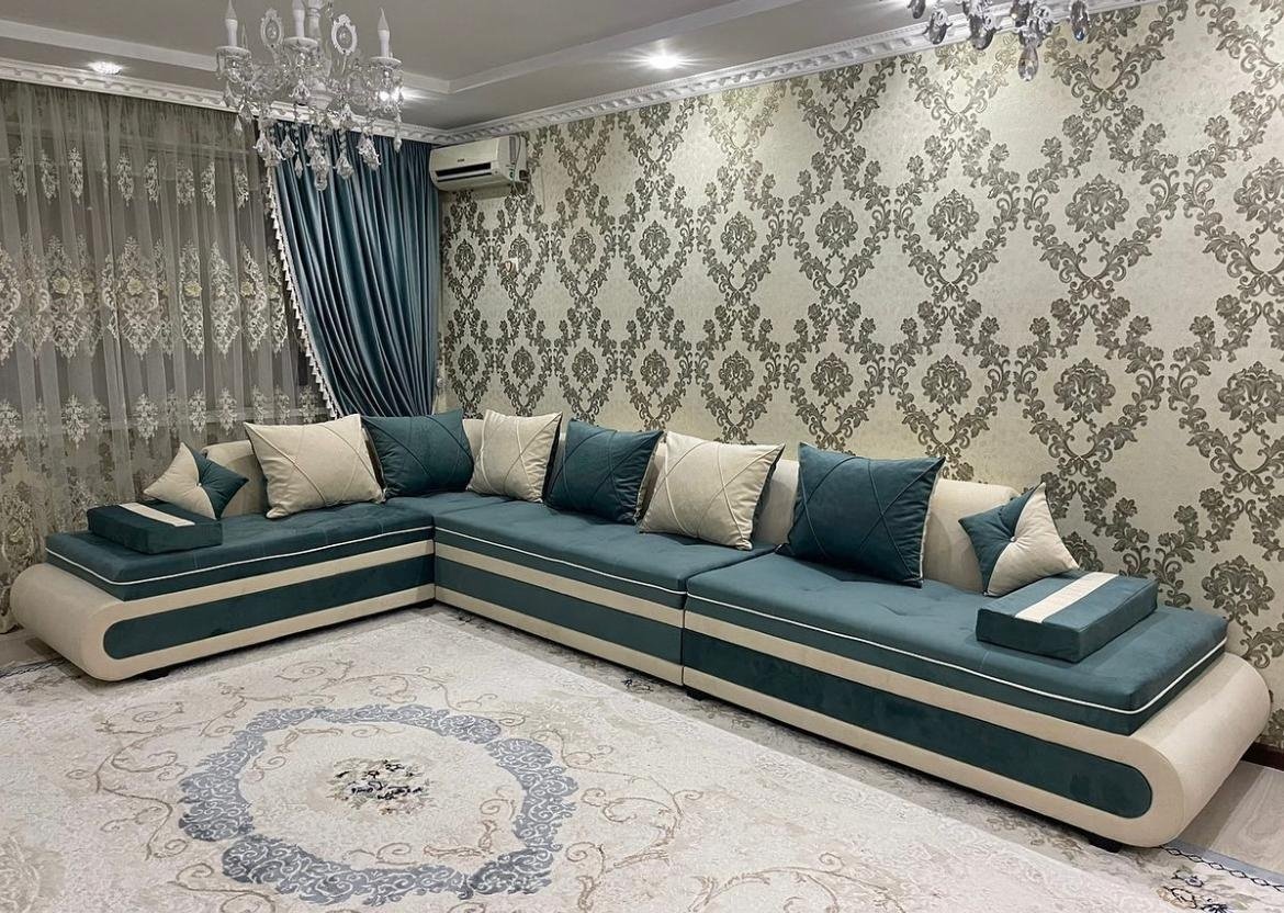 OTAU-MEBEL DIAMOND комплект (диван угловой универсальный, пуф) обивка флок, бежевый, голубой