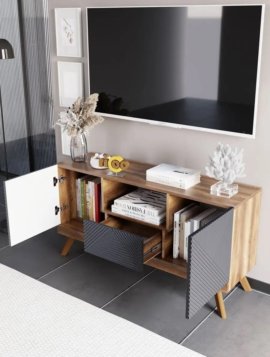 ТВ-тумба напольная Ricoo, 114x60x35 см, серый, коричневый - ForteMarket ТВ-тумба напольная Ricoo, 114x60x35 см, серый, коричневый купить,0
