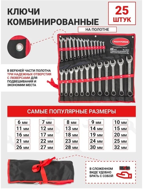 ROCKFORCE набор ключей комбинированный 6-32 мм RF-5261P, 26 шт купить,0