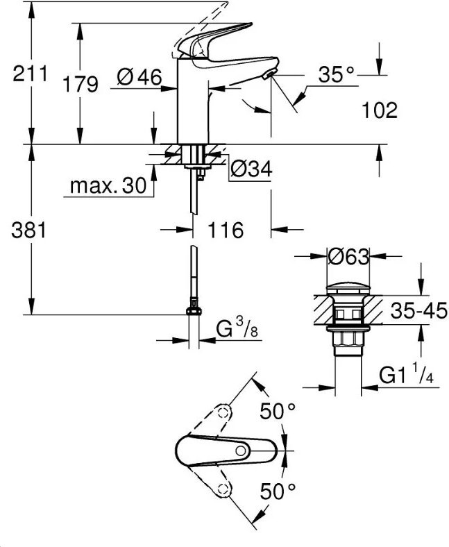 Смеситель для раковины (умывальника) Grohe Euroeco 24267001, однозахватный купить,59600
