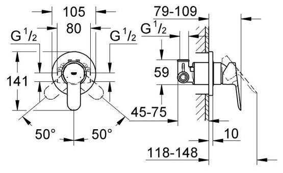 Смеситель для душа Grohe BauEdge (внешняя и встраиваемая части), хром (29040000), латунь, цвет хром купить,NaN