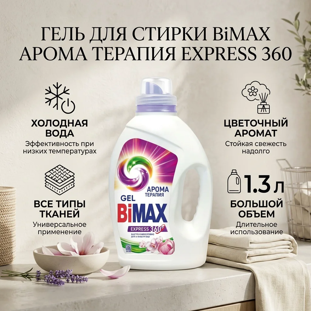 Гель для стирки BiMax арома терапия для белых и светлых тканей 1.3 л купить,NaN