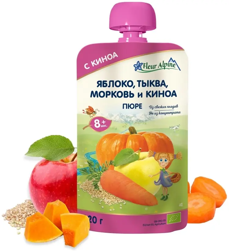 Детское пюре Fleur Alpine киноа,морковь, тыква,яблоко 120 г, с 8 месяцев