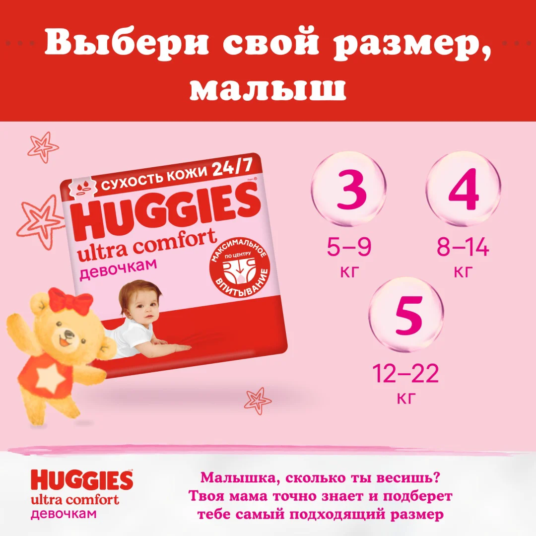 Подгузники Huggies Ultra Comfort для девочек 3 5-9кг 56шт купить,NaN