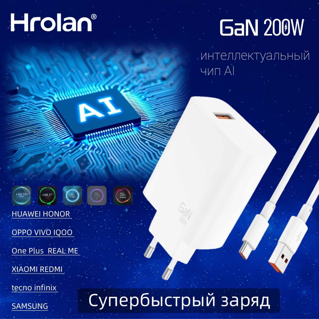 Зарядное устройство Hrolan A22 200W Ai Super Fast USB белый