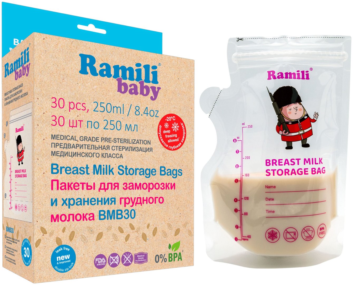 Пакет Ramili Для хранения и заморозки грудного молока Baby BMB30, объём 250 мл, 30 шт купить,0