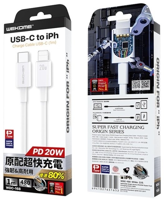 Кабель WEKOME USB TypeC (M), Lightning (M), 1 м, белый