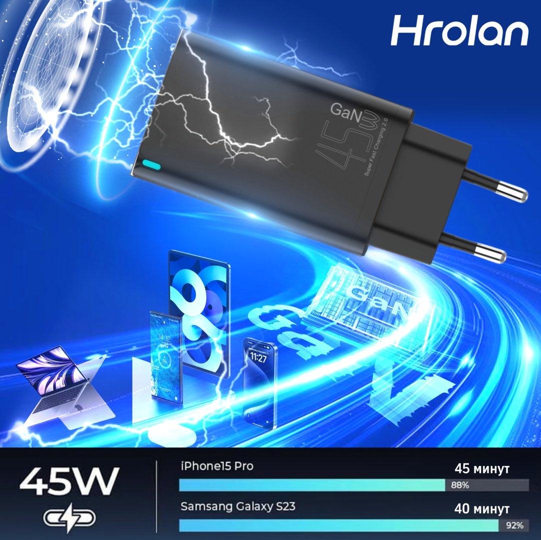 Зарядное устройство Hrolan A11 45W USB Type-C черный купить,12000