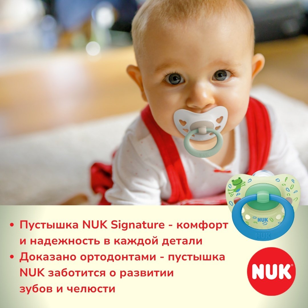 Пустышка NUK 10736657 Signature, 6-18m, 1 шт, зеленый - ForteMarket Пустышка NUK 10736657 Signature, 6-18m, 1 шт, зеленый купить,0