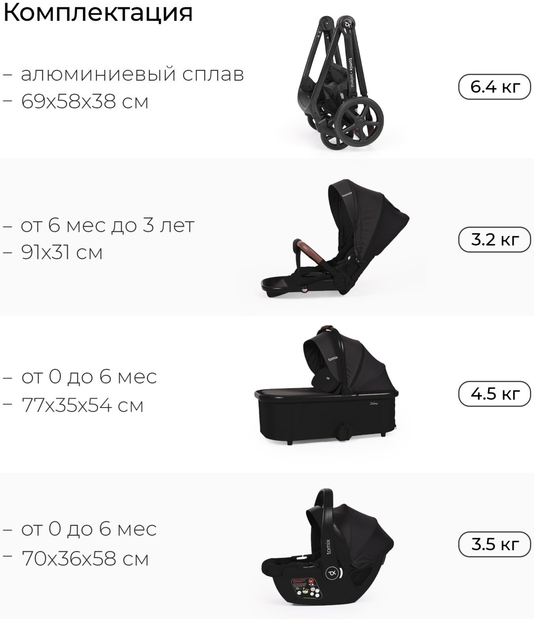 Коляска универсальная 3 в 1 TOMIX SELENA 3IN1, черный купить,0