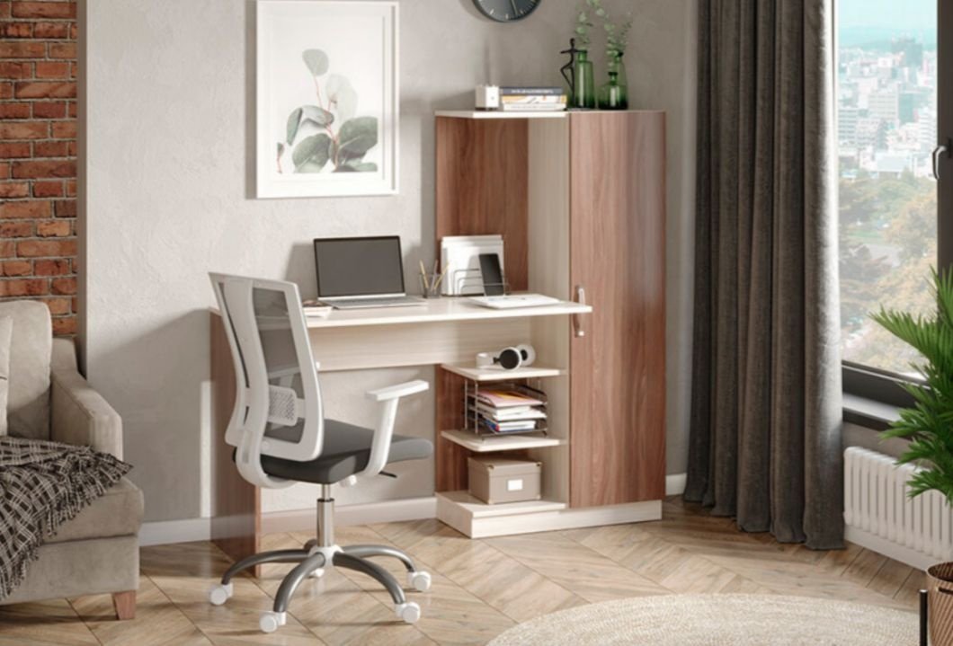 Стол компьютерный с надстройкой MLK Софт, 145х50.2x138 см, коричневый, бежевый