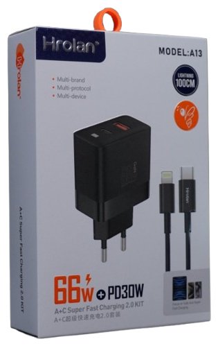 Зарядное устройство Hrolan A13-66W Lightning, USB Type-C черный