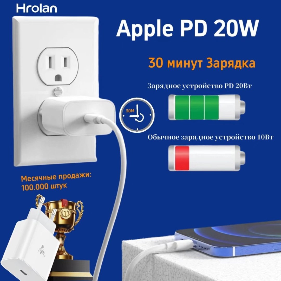 Зарядное устройство Hrolan A07 20W Lightning, USB Type-C белый
