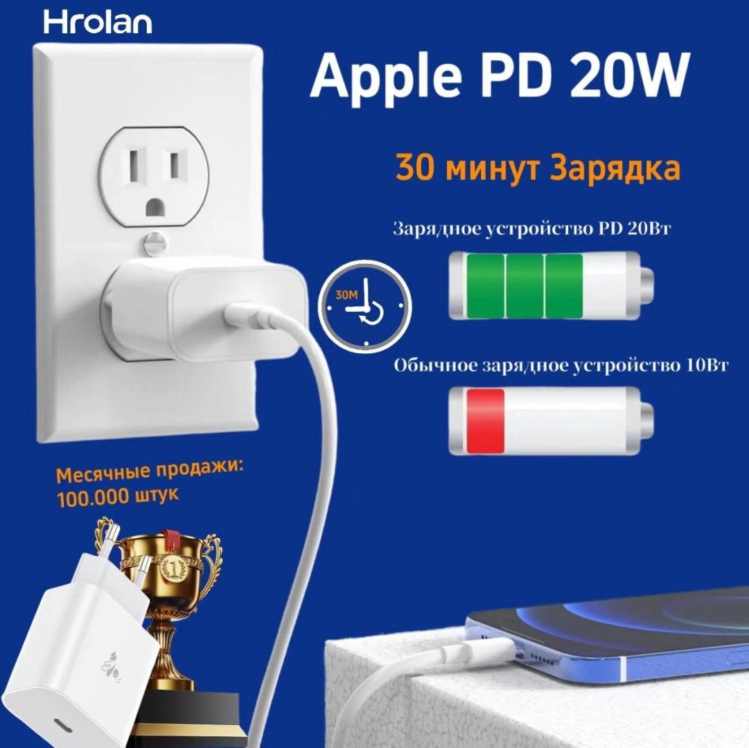 Зарядное устройство Hrolan A07 20W Lightning, USB Type-C белый купить,14000