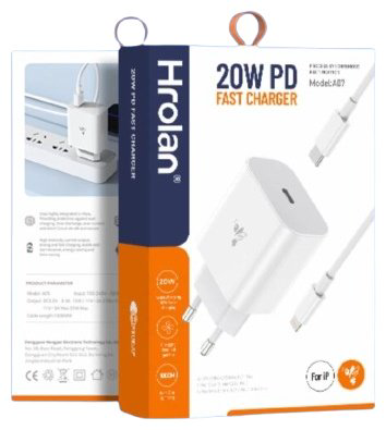 Зарядное устройство Hrolan A07 20W Lightning, USB Type-C белый купить,14000