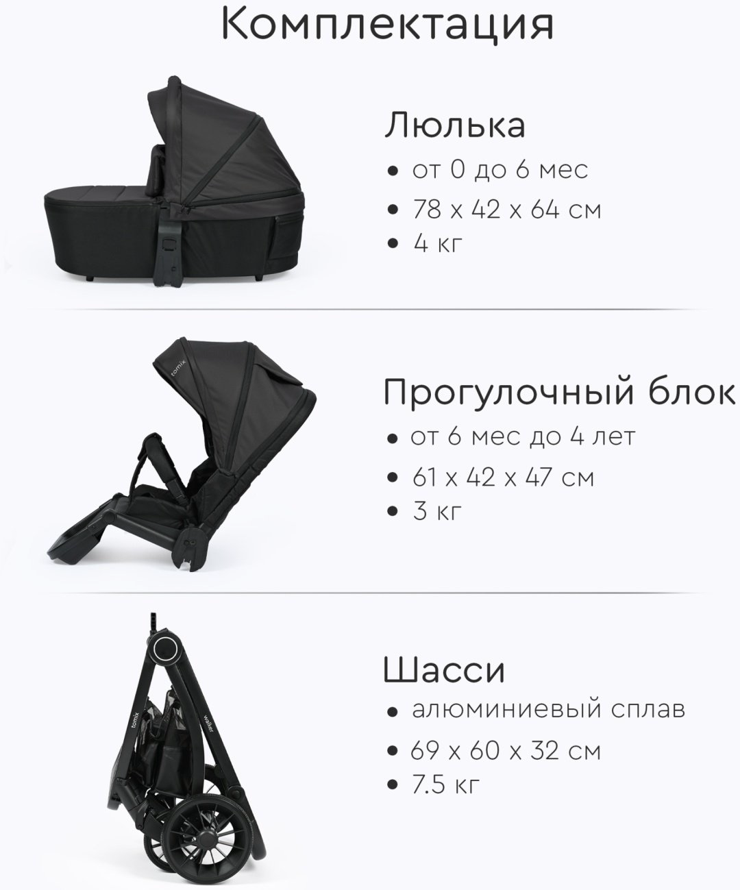 Коляска универсальная 2 в 1 TOMIX Walker, черный купить,NaN