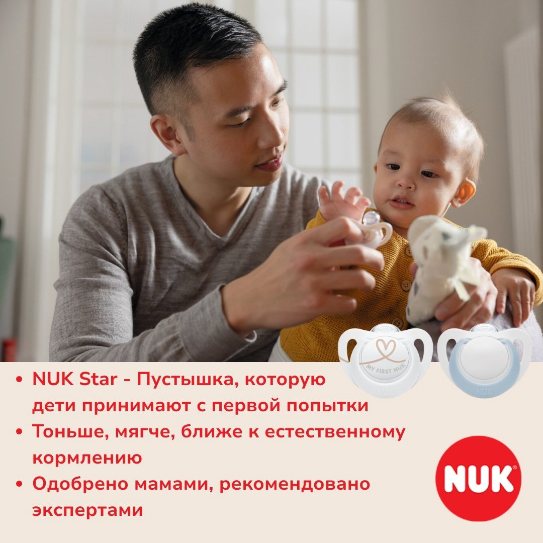 Пустышка NUK 10730690 Star, 0-2m, 2 шт, голубой купить,NaN