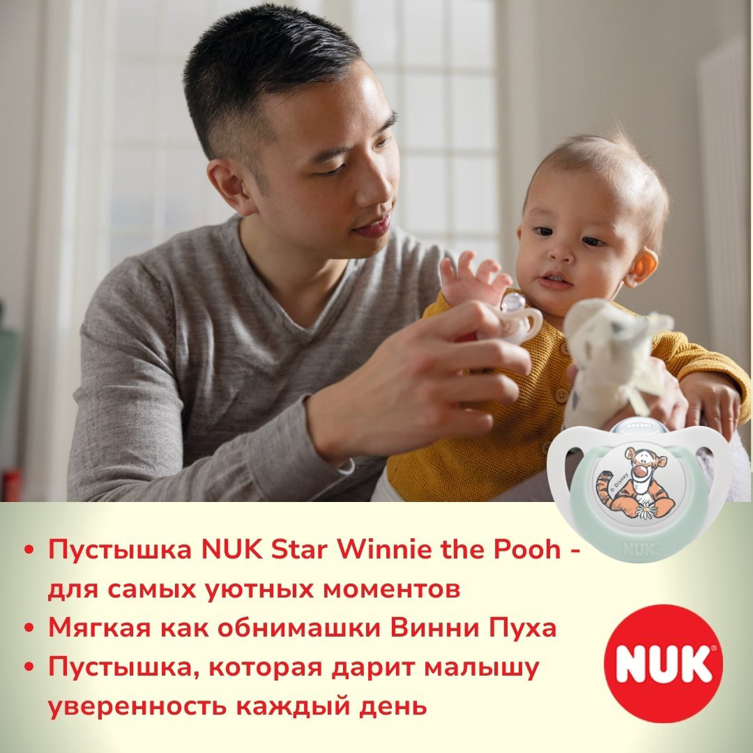 Пустышка NUK 10730905 Star Winnie the Pooh, 0-6 m, 1 шт, серый купить,NaN