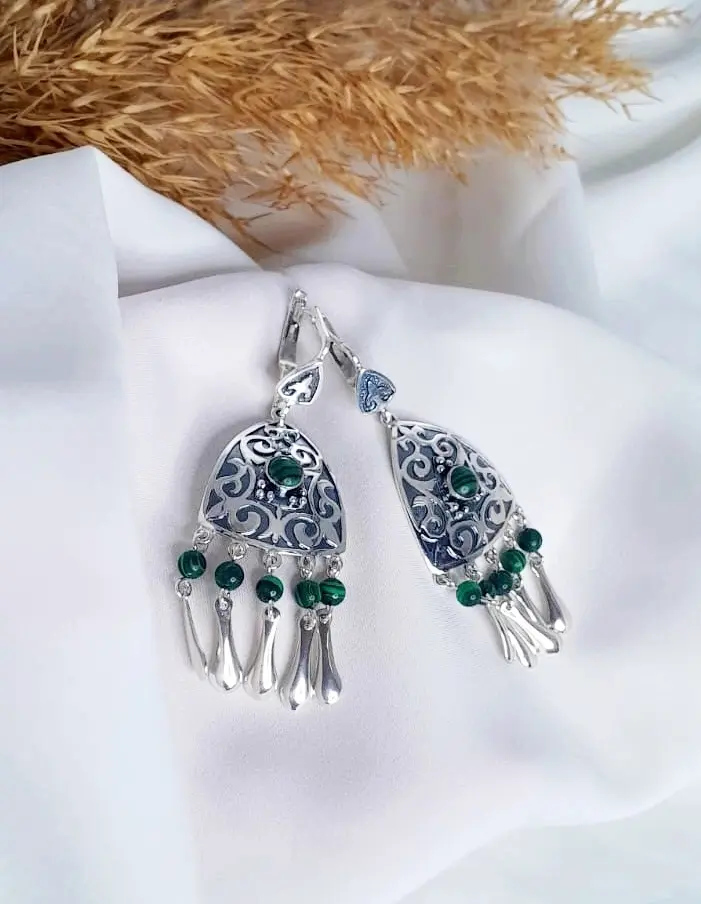 Серьги Кристалл-L С-3563-33-1 вес 13 г серебро, малахит купить,NaN