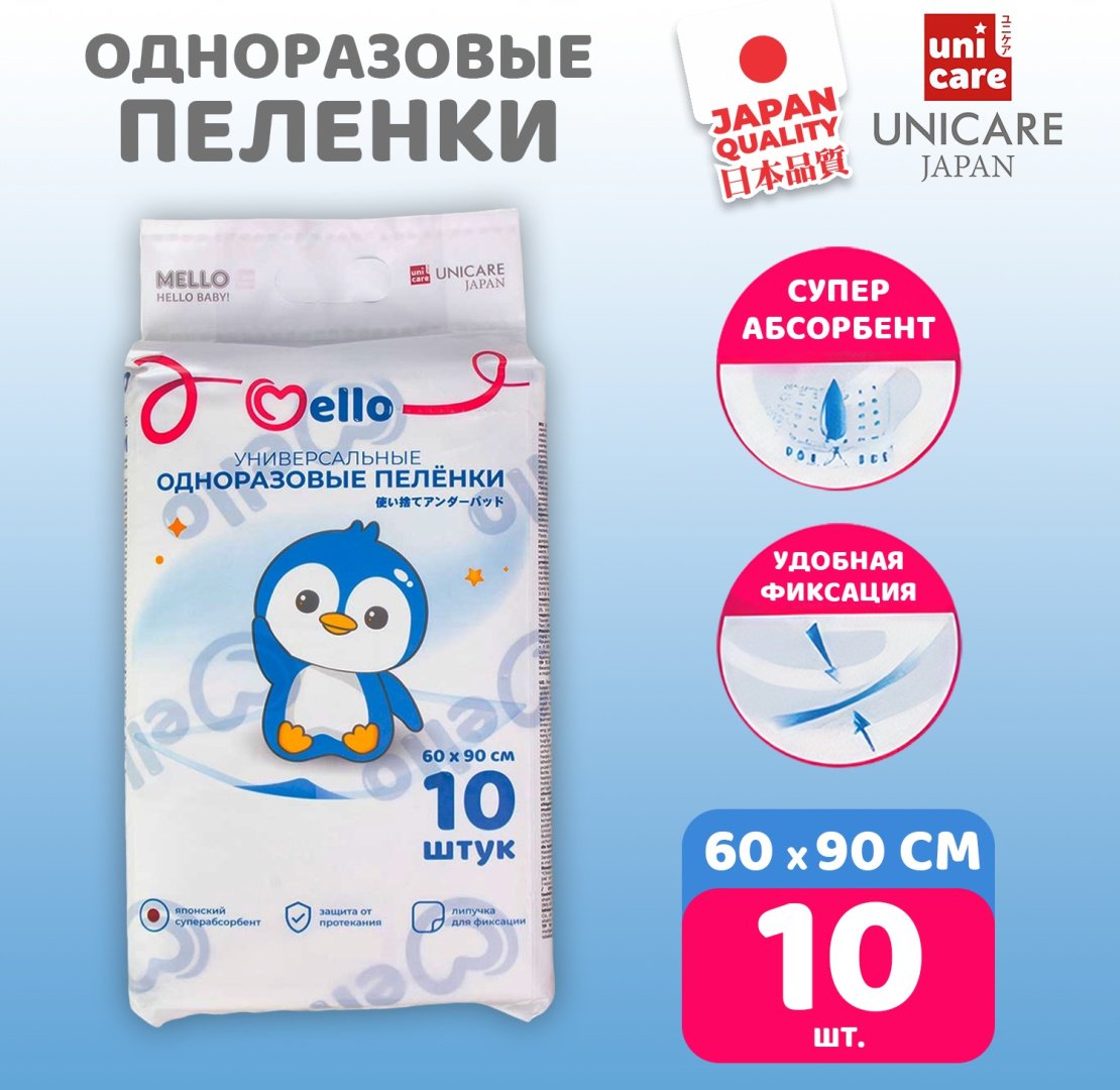 Пеленка одноразовая Mello Unicare, 10 шт, 60x90 см