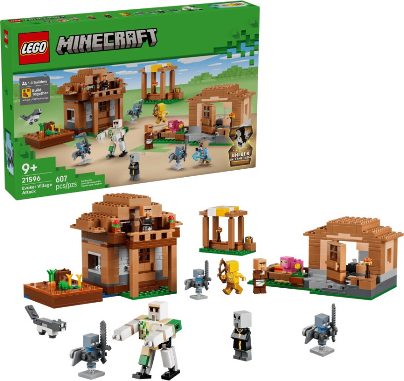 Конструктор LEGO Minecraft Нападение вызывателя на деревню 21596, деталей 607 шт