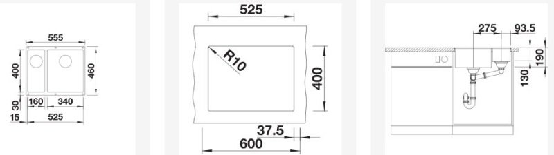 Кухонная мойка Blanco Subline 340/160-U RH вулканический серый (527346) 55.5х46х19 см, искусственный гранит, тон вулканический серый