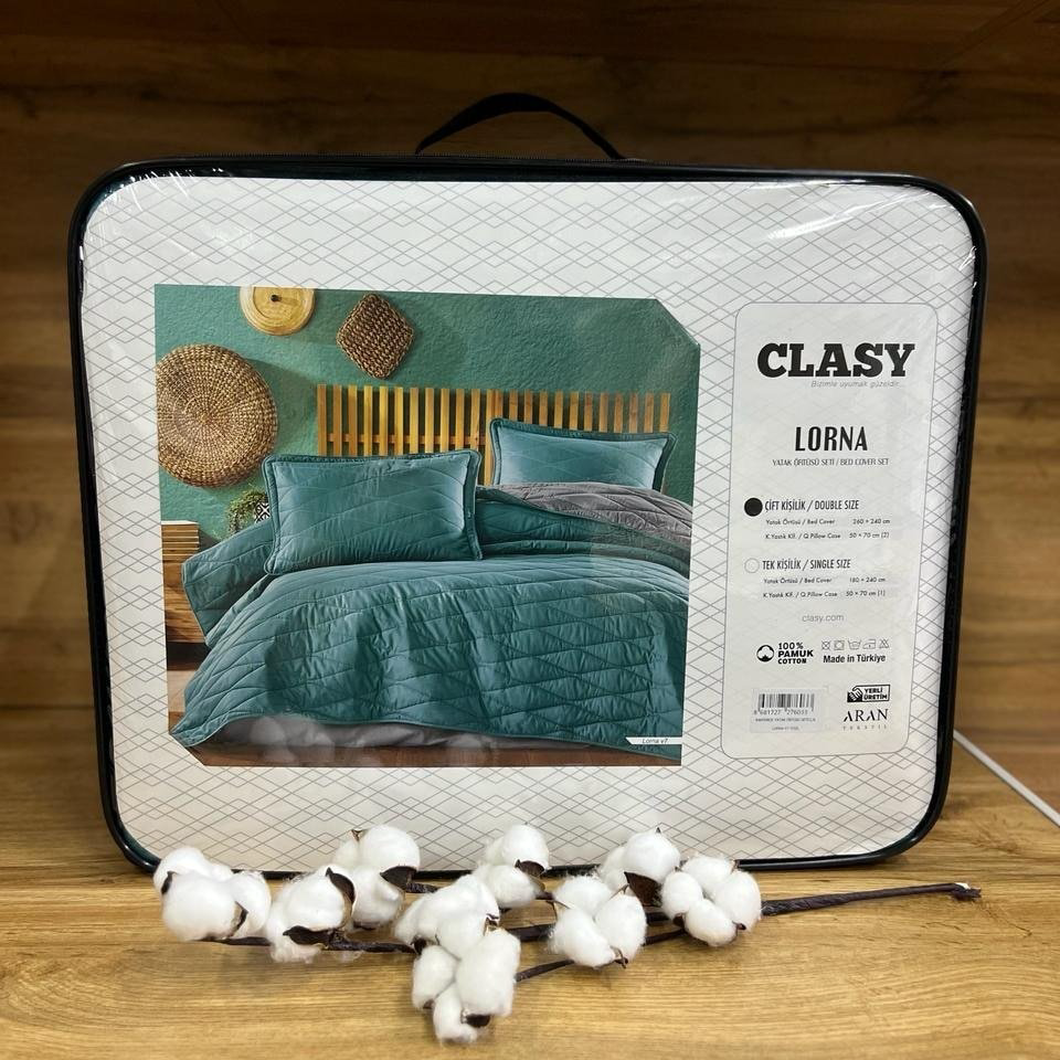 Покрывало с наволочками CLASY 240х260 см, ранфорс, серый, бирюзовый купить,NaN