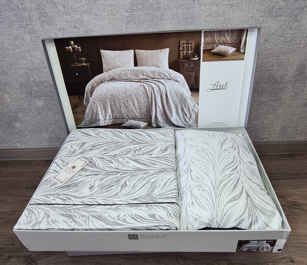 Покрывало с наволочками Moda Box 240х260 см, хлопок, жаккард, белый, серый
